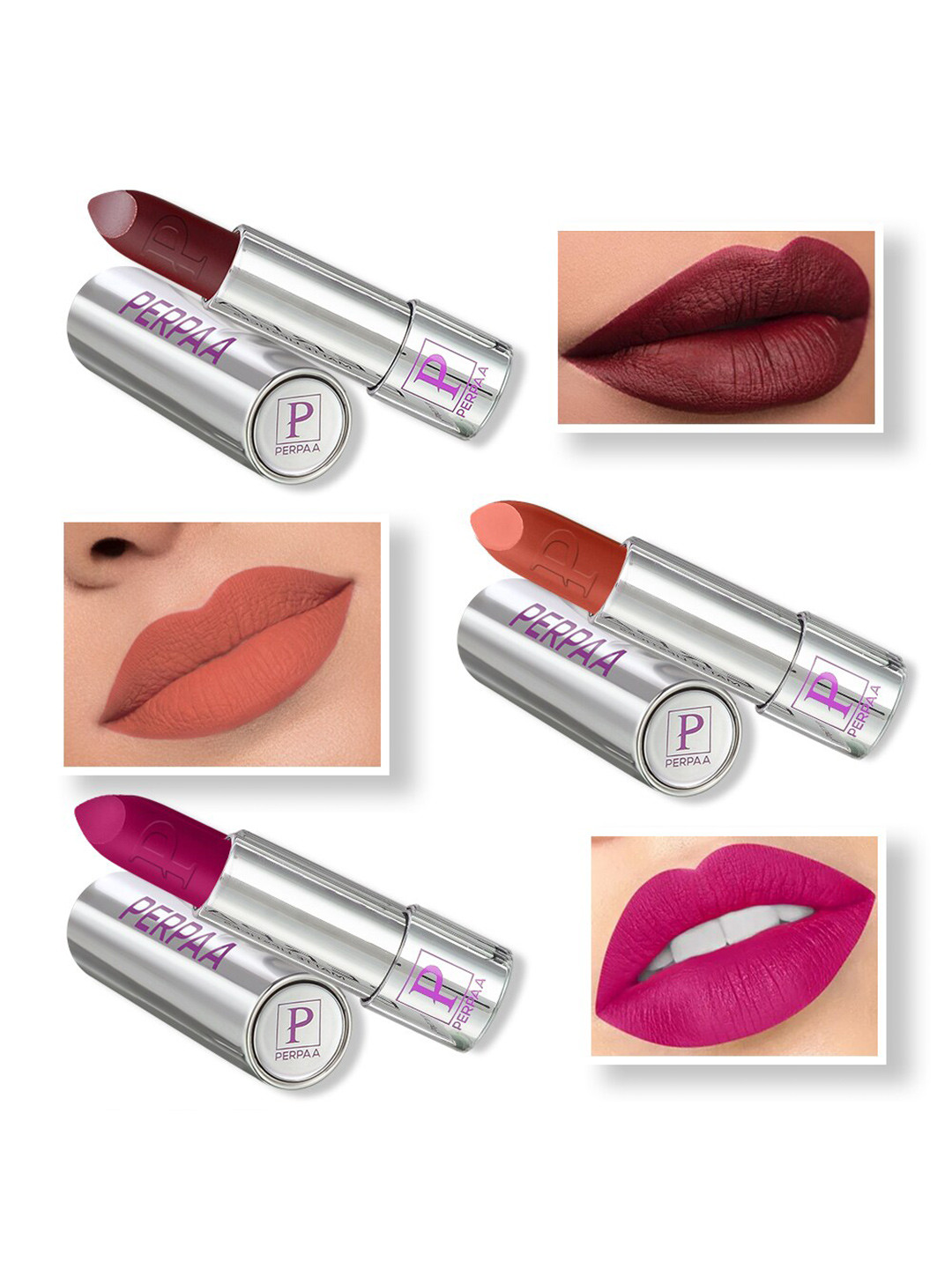 PERPAA Set of 3 Highly Pigmented & Weightless Matte Lipstick 3.5 g Each - 156, 158, 301