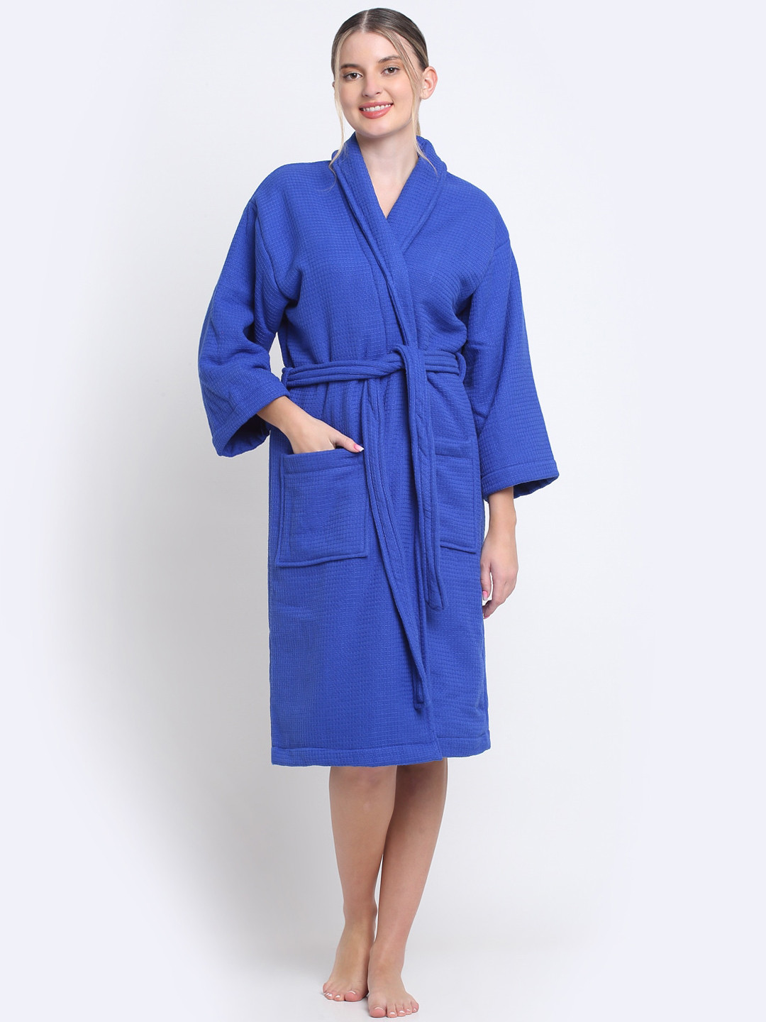 Creeva Luxury Blue Self Design Cotton Drawstring Midi Bath Robe-L