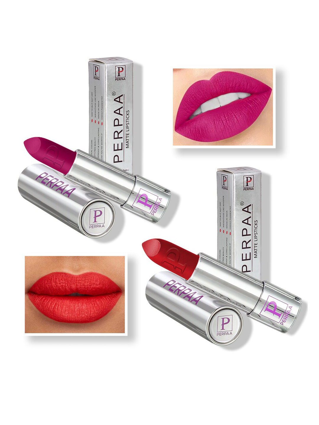 PERPAA Set of 2 Push Pop & Play Long-Lasting Moisturising Creamy Matte Lipsticks 3.5 g Each - Magenta 158 - Red 196