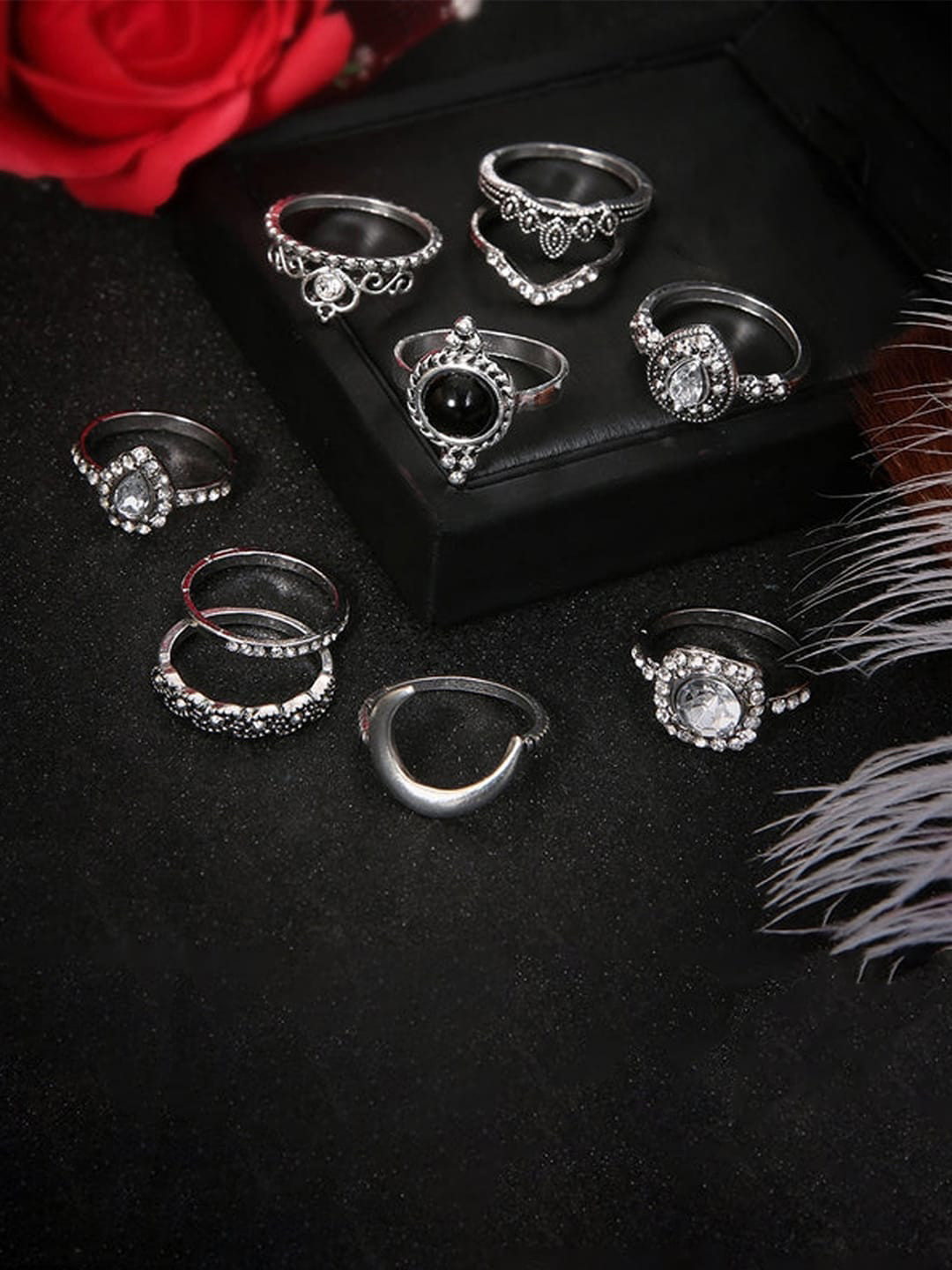 Jewels Galaxy Set Of 10 Silver-Plated Stones Studded Stackable Rings