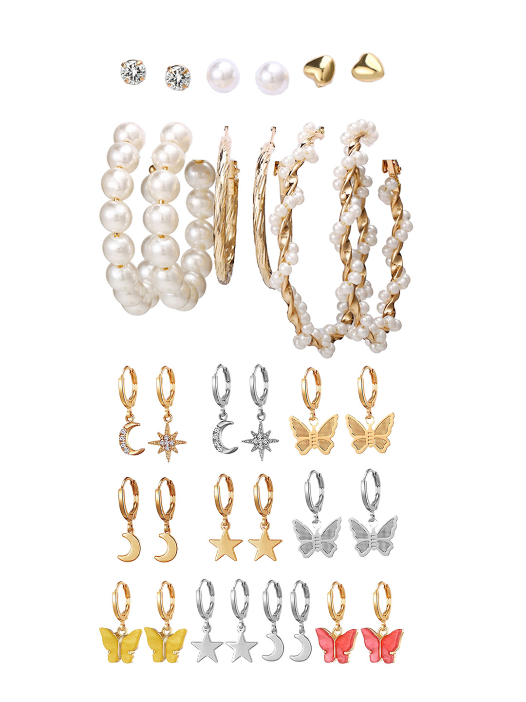 Jewels Galaxy Set of 16 Silver-Plated Contemporary Studs Earrings