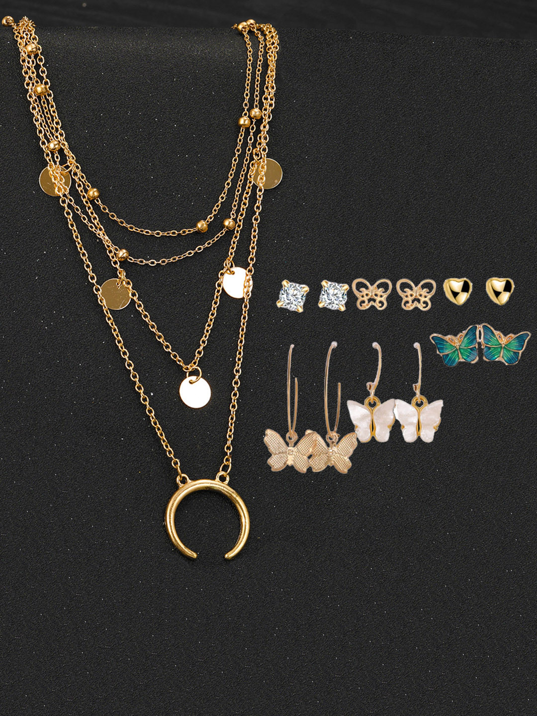 Jewels Galaxy Set Of 7 Gold-Plated Layered Necklace & Butterfly Drop Earrings