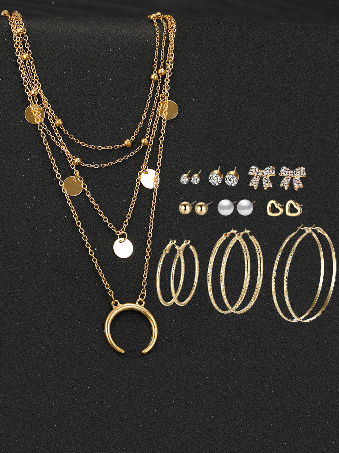 Jewels Galaxy Gold-Plated Layered Necklace & Set Of 9 Studs and Hoop Earrings