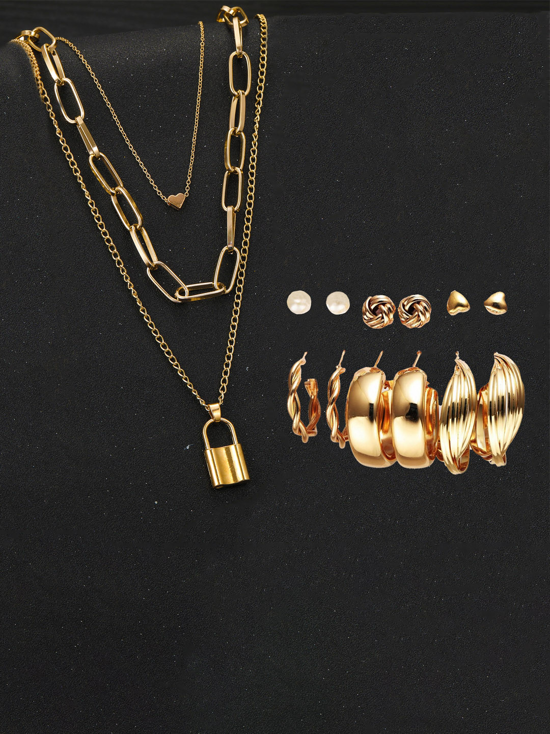 Jewels Galaxy Gold-Plated Layered Necklace With Set Of 6 Studs & Hoop Earrings Set
