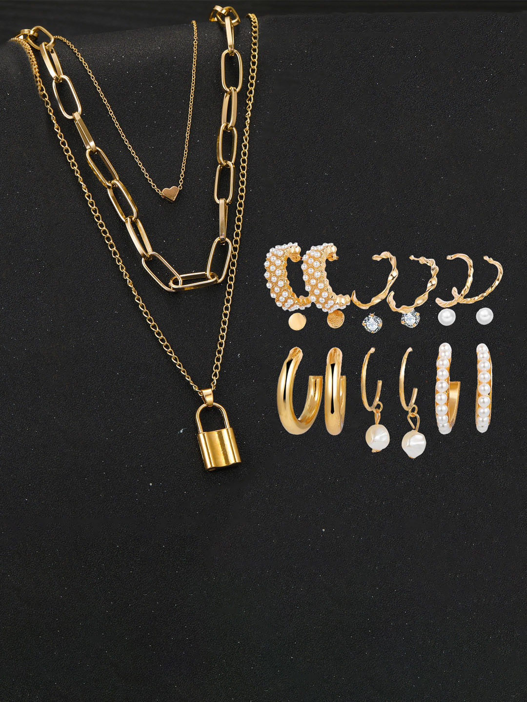 Jewels Galaxy Gold Plated Layered Necklace and Gold Plated Set of 9 Contemporary Studs and Hoop Earrings