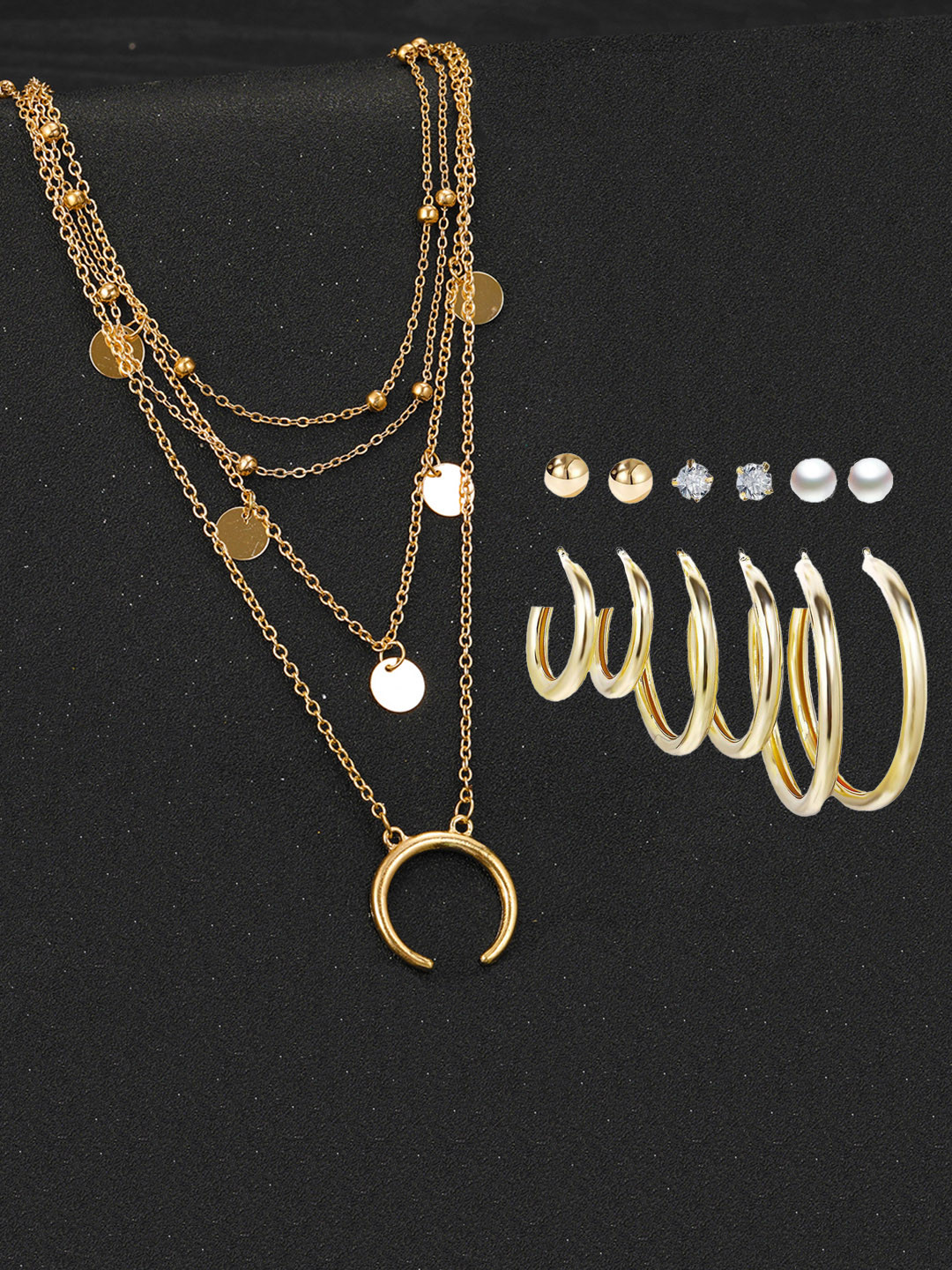 Jewels Galaxy Gold-Plated Layered Necklace With Set Of 6 Studs & Hoop Earrings Set