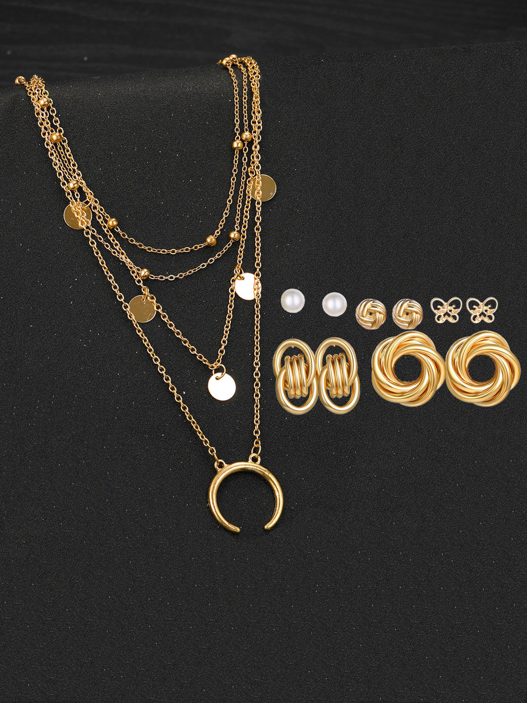 Jewels Galaxy Gold-Plated Layered Necklace & Set Of 5 Stud Earrings