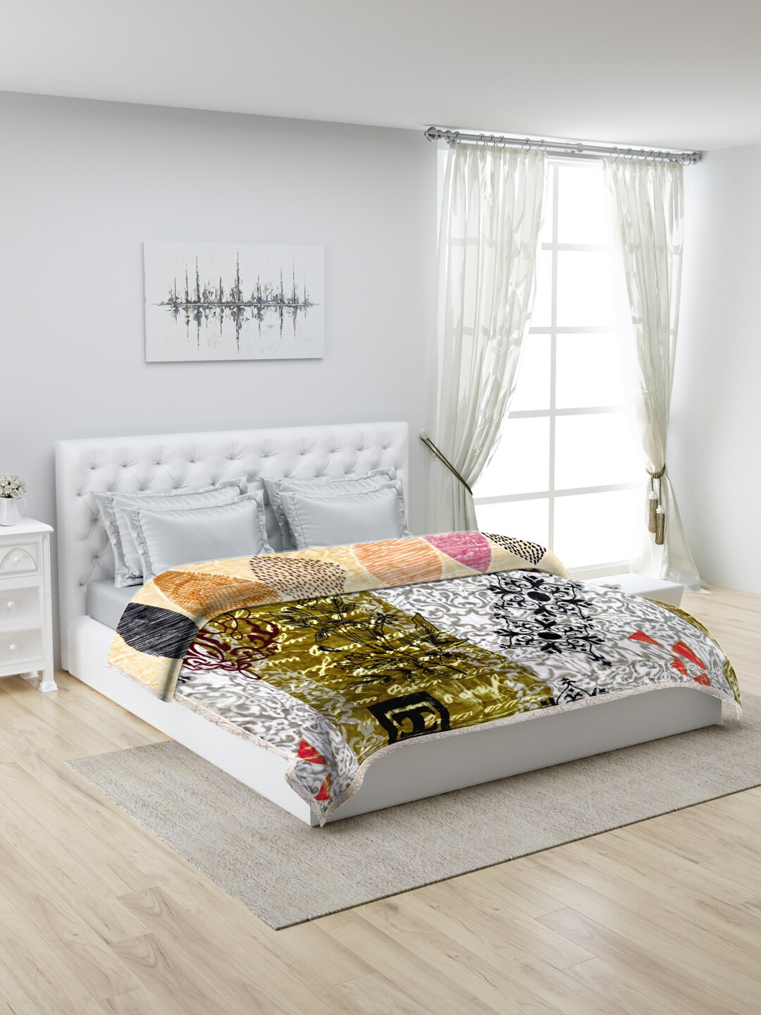 Monte Carlo Mink Beige & White Floral Printed Heavy Winter Double Bed Blanket