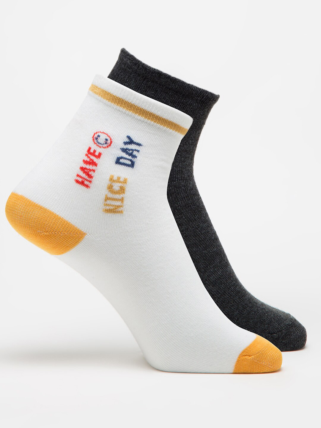 J Style Women White and Charcoal Pack Of 2 Self-Designed Ankle Length Socks