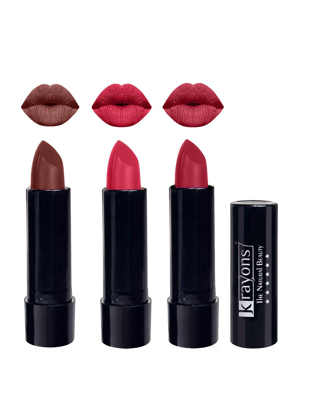 krayons Set Of 3 The Natural Beauty Matte Lipstick - Brick Tone, First Crush, Orange Tango