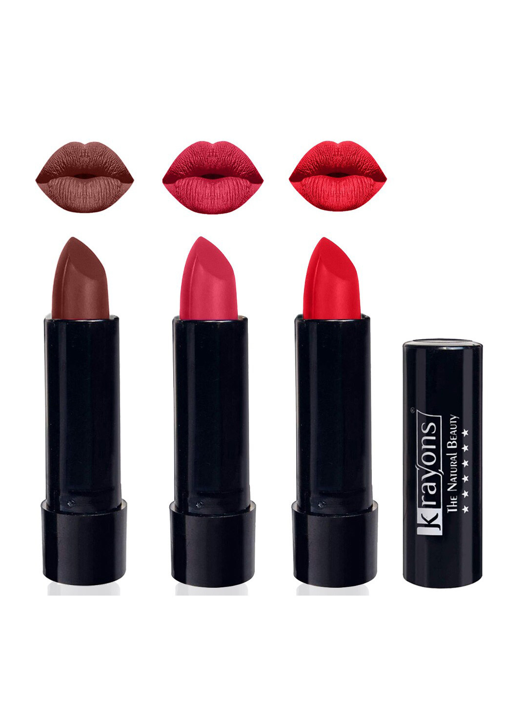 krayons Set Of 3 The Natural Beauty Matte Lipstick - Brick Tone, First Crush, Orange Crush