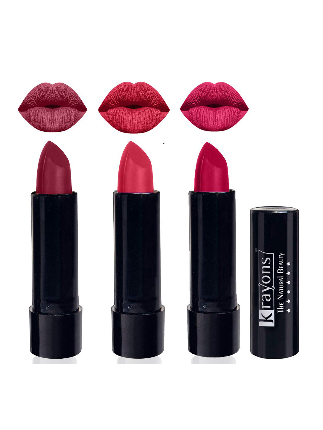 krayons Set Of 3 The Natural Beauty Matte Lipstick - Shocking Pink, First Crush, Pink Lips