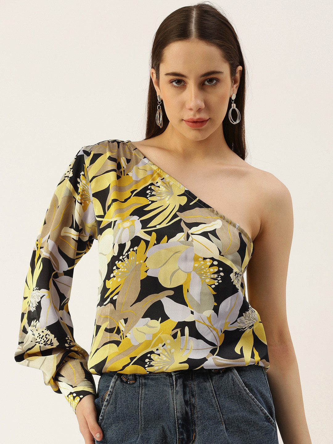 IQRAAR Floral Print One Shoulder Longline Top