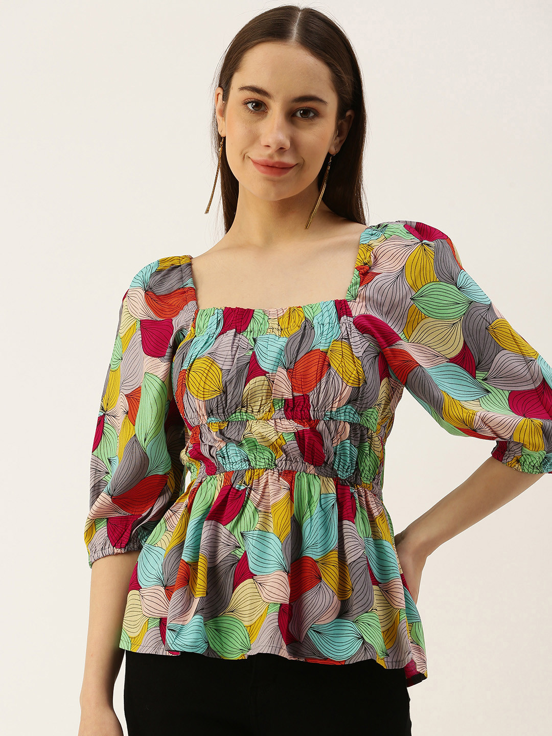 IQRAAR Floral Print Square Neck Empire Top
