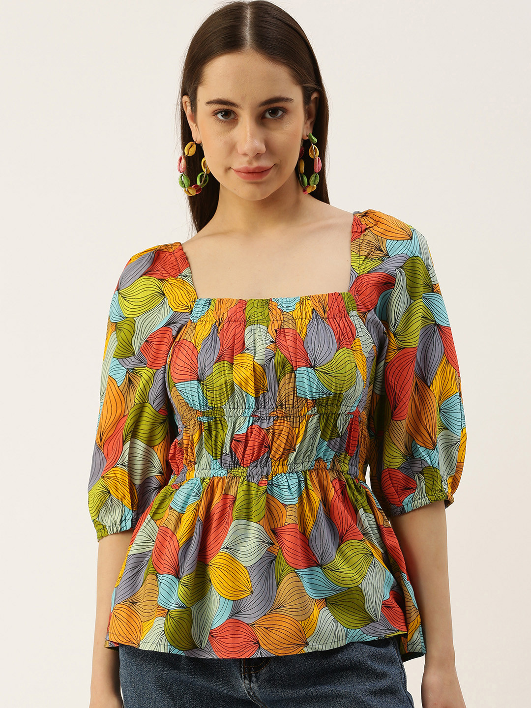 IQRAAR Square Neck Floral Print Empire Top