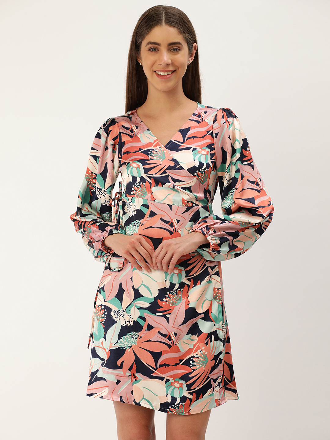 IQRAAR Multicoloured Floral Wrap Mini Dress