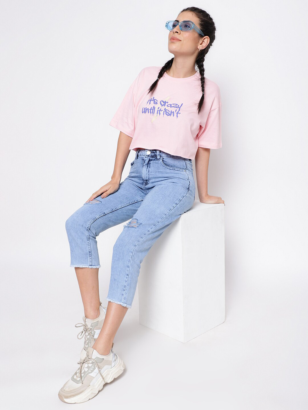 Belliskey Women Pink Typography Printed Loose T-shirt