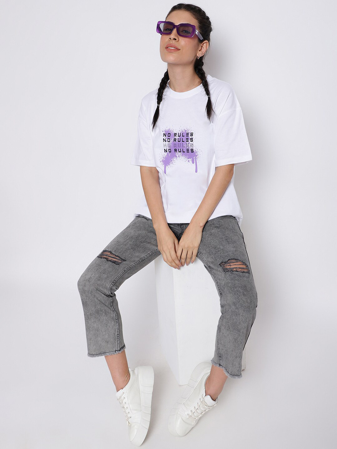 Belliskey Women Typography Printed Extended Sleeves Loose Cotton T-shirt