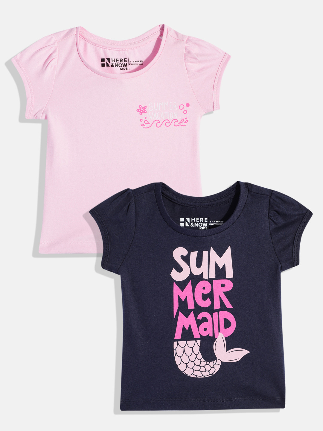 HERE&NOW Girls Pack of 2 Assorted Printed Pure Cotton T-shirts