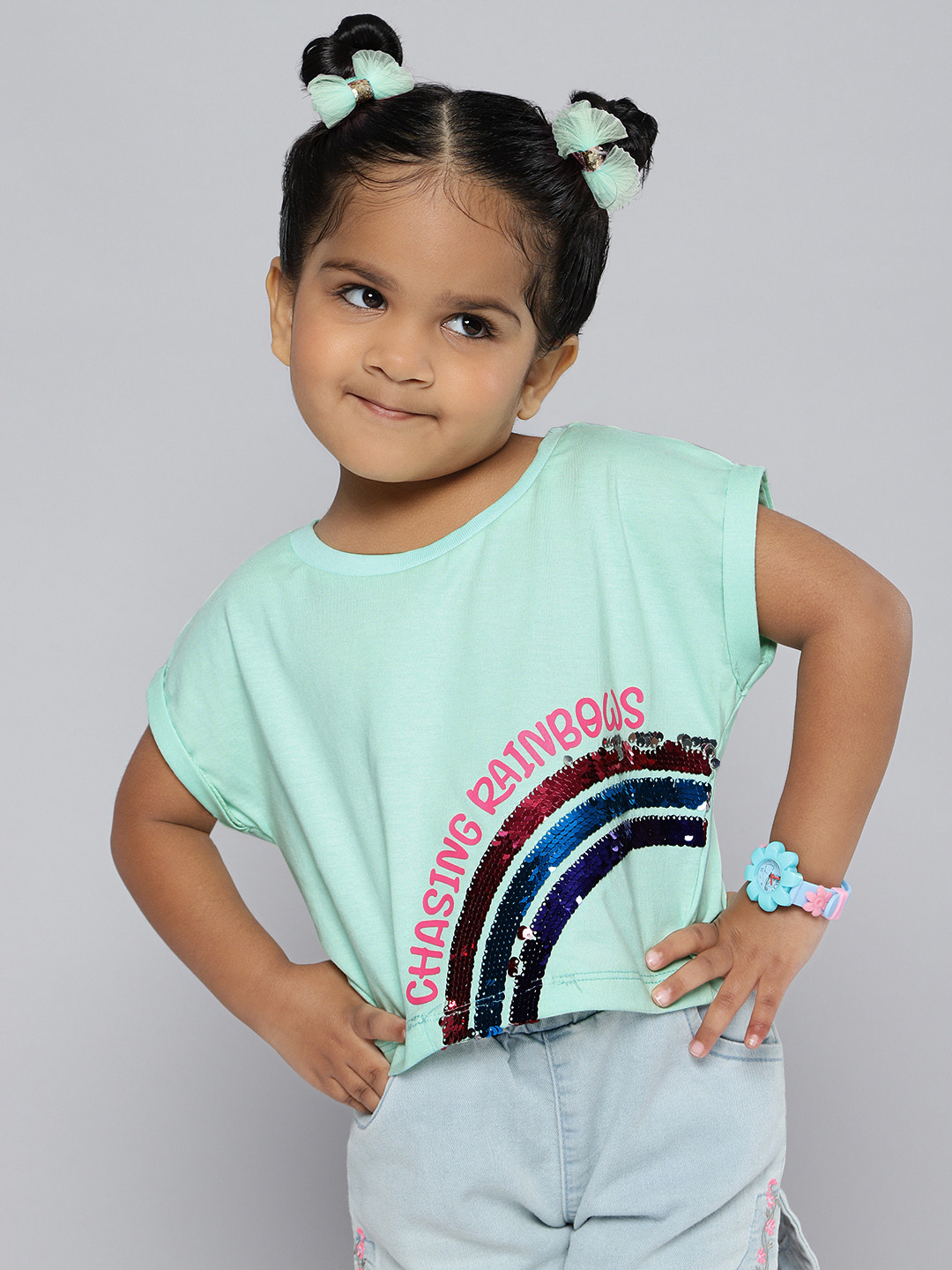 HERE&NOW Girls Cotton Flip Sequin Typography Printed Extended Sleeves Crop Boxy T-shirt