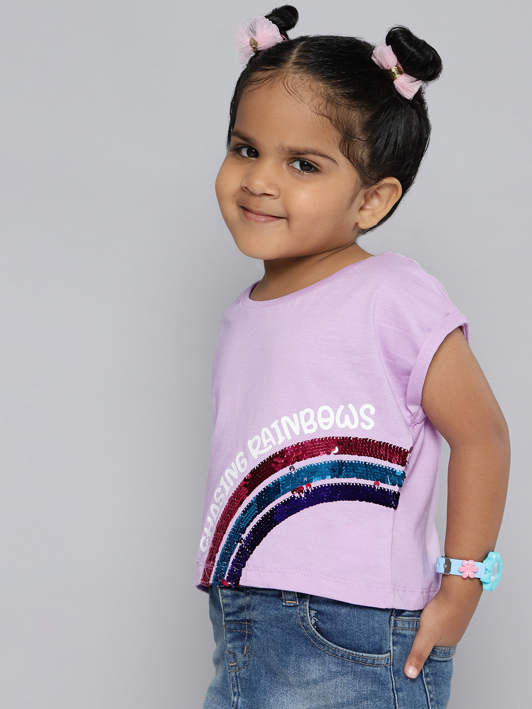 HERE&NOW Girls Cotton Flip Sequin Typography Printed Extended Sleeves Crop Boxy T-shirt