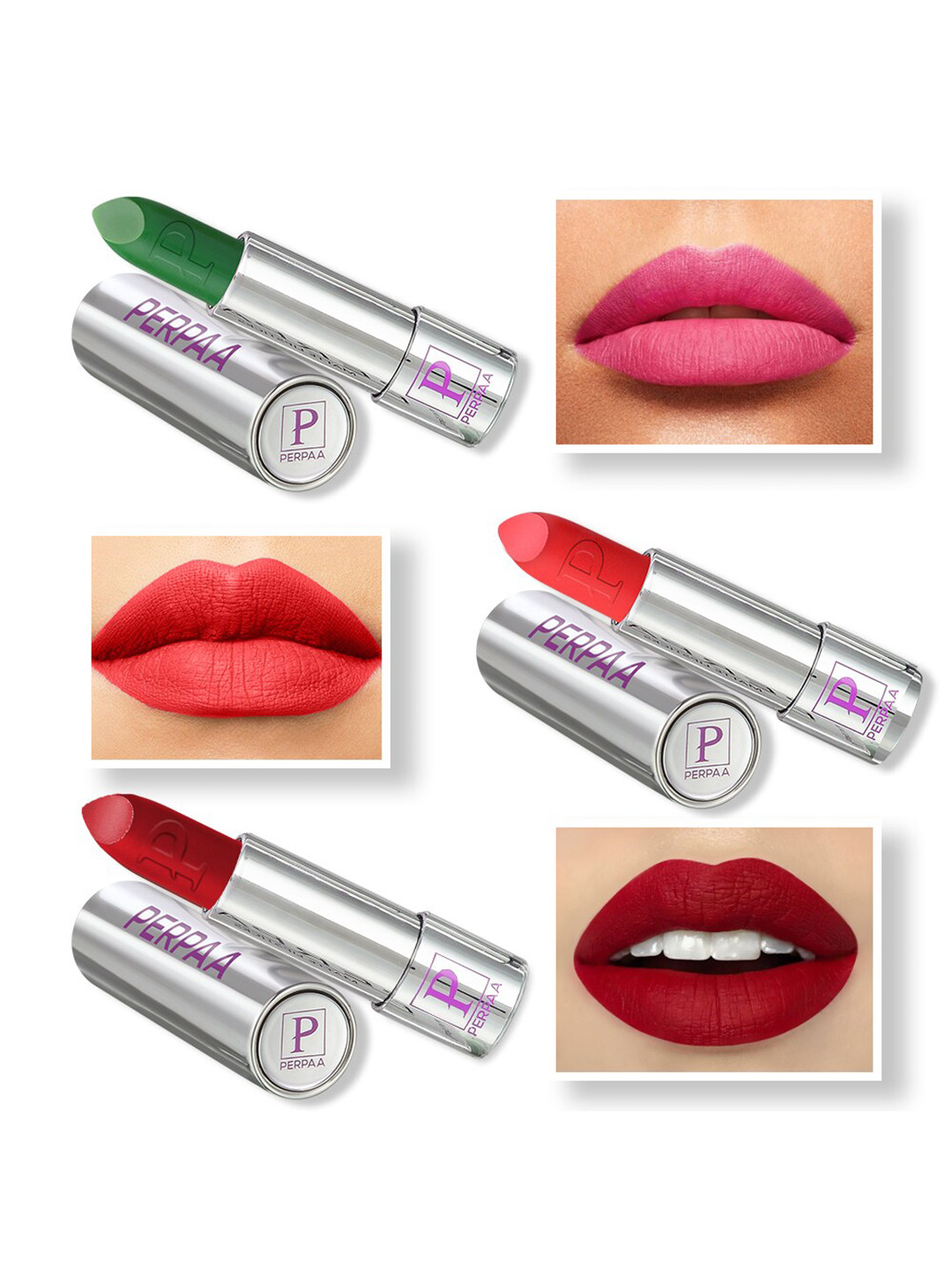 PERPAA Set of 3 Push Pop & Play Long-Lasting Moisturising Creamy Matte Lipsticks 3.5 g Each -Orange 193 - Red 196 - Natural Pink 305