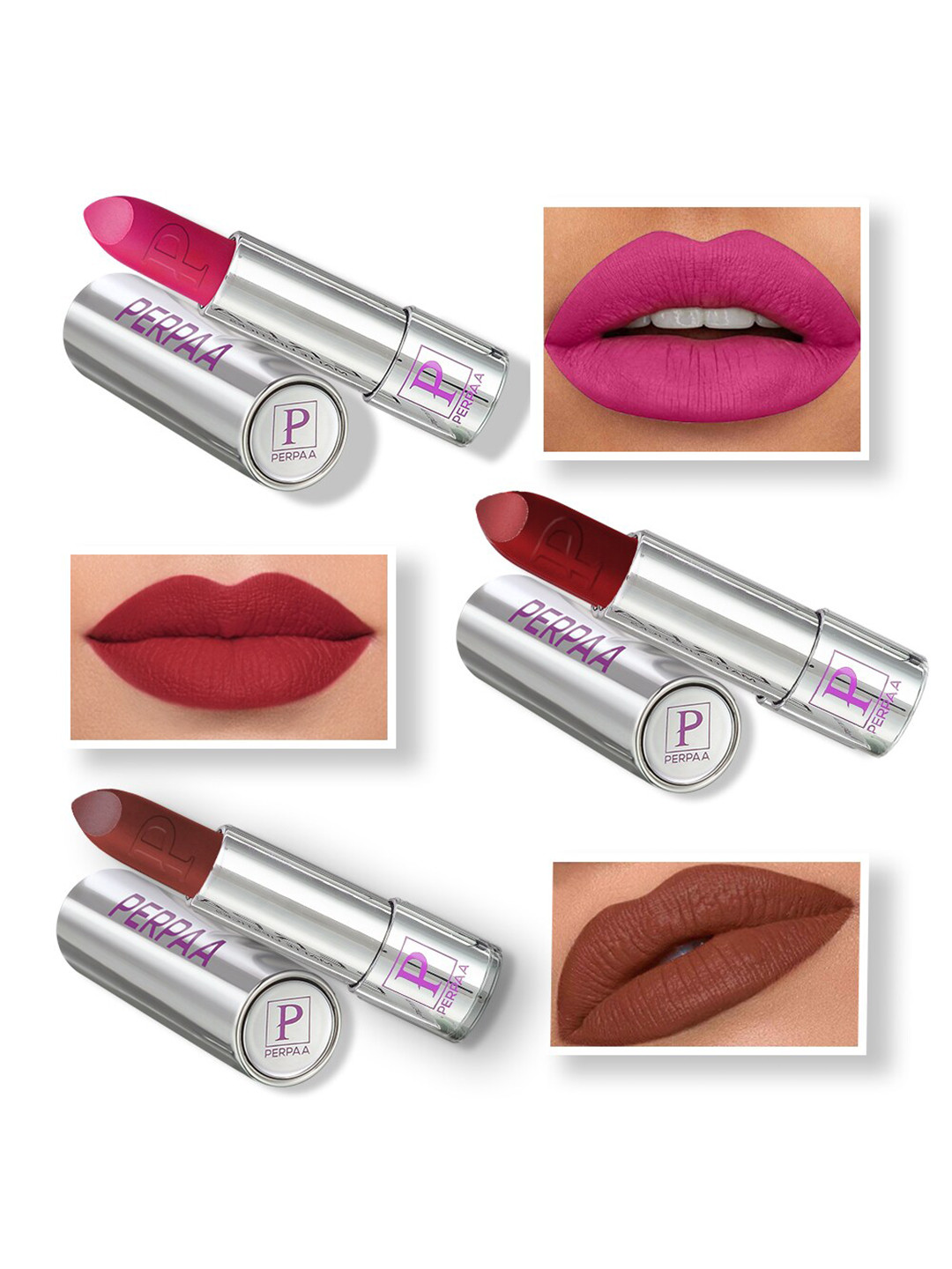 PERPAA Set of 3 Push Pop & Play Long-Lasting Moisturising Creamy Matte Lipsticks 3.5 g Each -Brown 167 - Pink 175 - Bridal Maroon 304