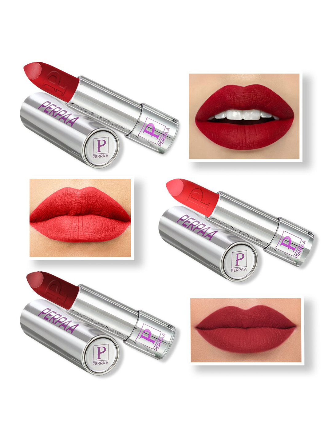 PERPAA Set of 3 Push Pop & Play Long-Lasting Moisturising Creamy Matte Lipsticks 3.5 g Each -Orange 193 - Red 196 - Bridal Maroon 304