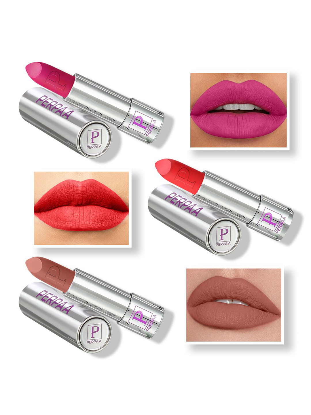 PERPAA Set of 3 Push Pop & Play Long-Lasting Moisturising Creamy Matte Lipsticks 3.5 g Each -Pink 175 - Orange 193 - Innocent Nude 306