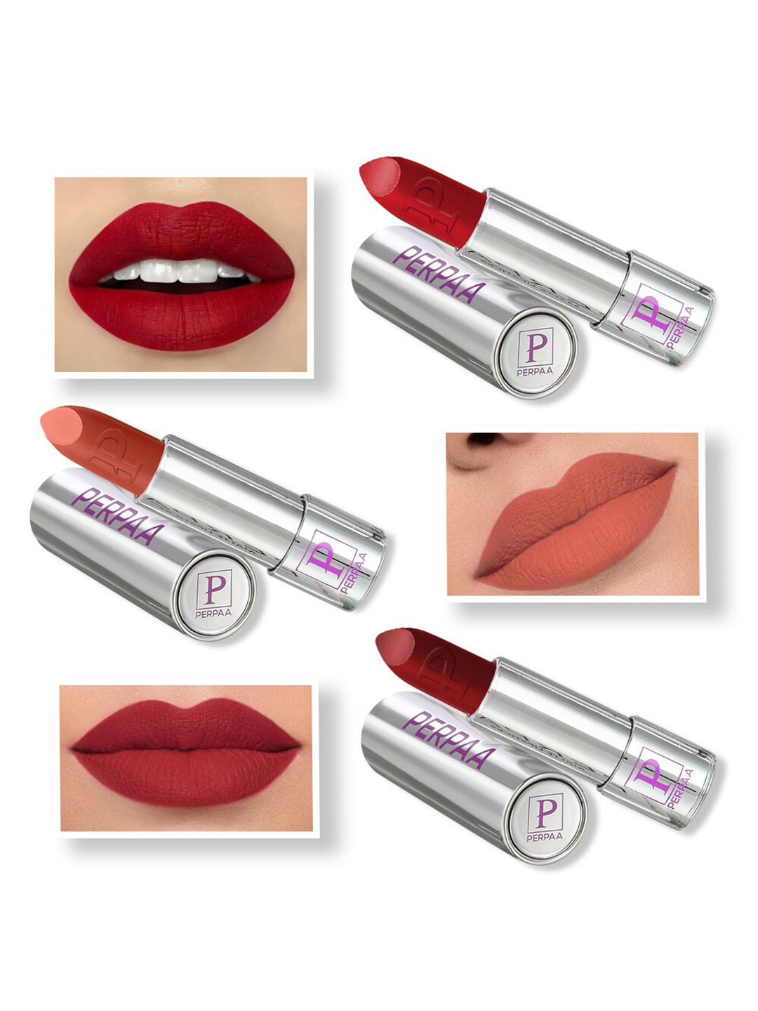 PERPAA Set of 3 Push Pop & Play Long-Lasting Moisturising Creamy Matte Lipsticks 3.5 g Each -Red 196 - Rust Brown 301 - Bridal Maroon 304