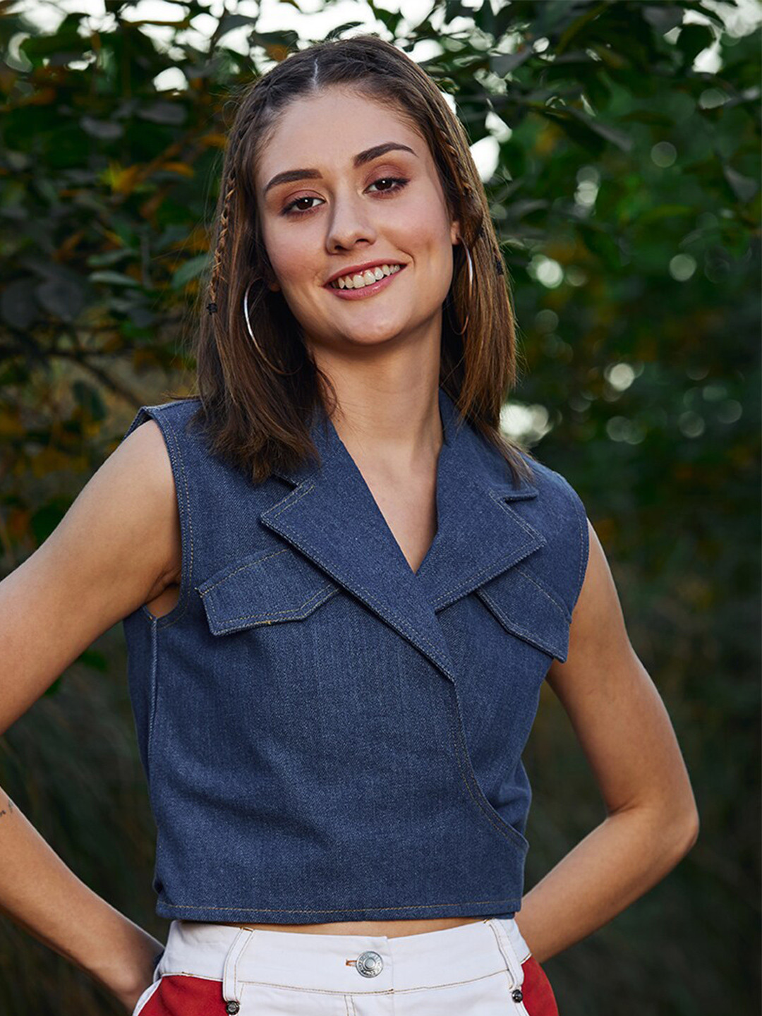 Athena Denim Lapel Collar Crop Top