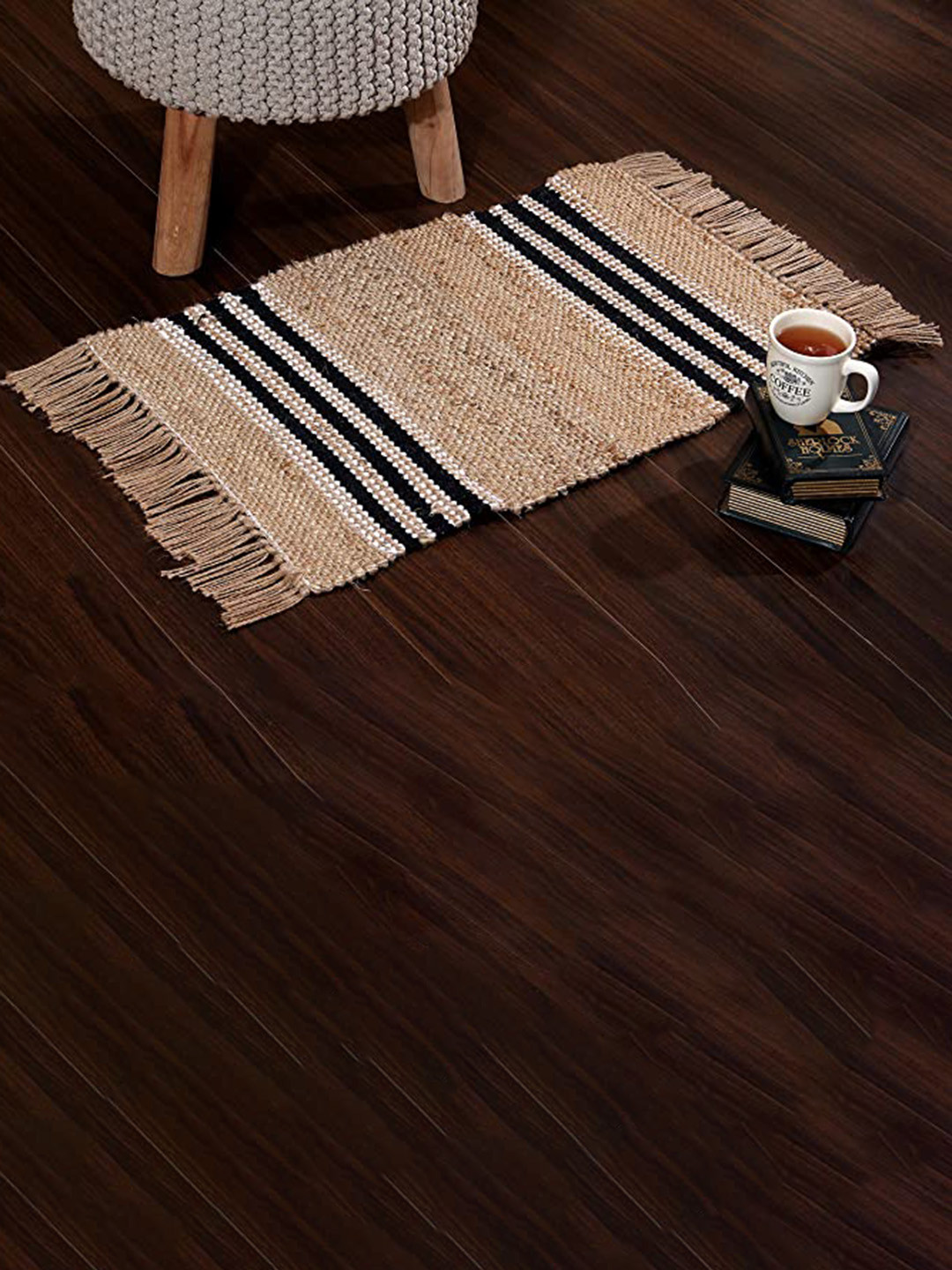 SASHAA WORLD Beige and Black Striped Braided Jute Floor Mat