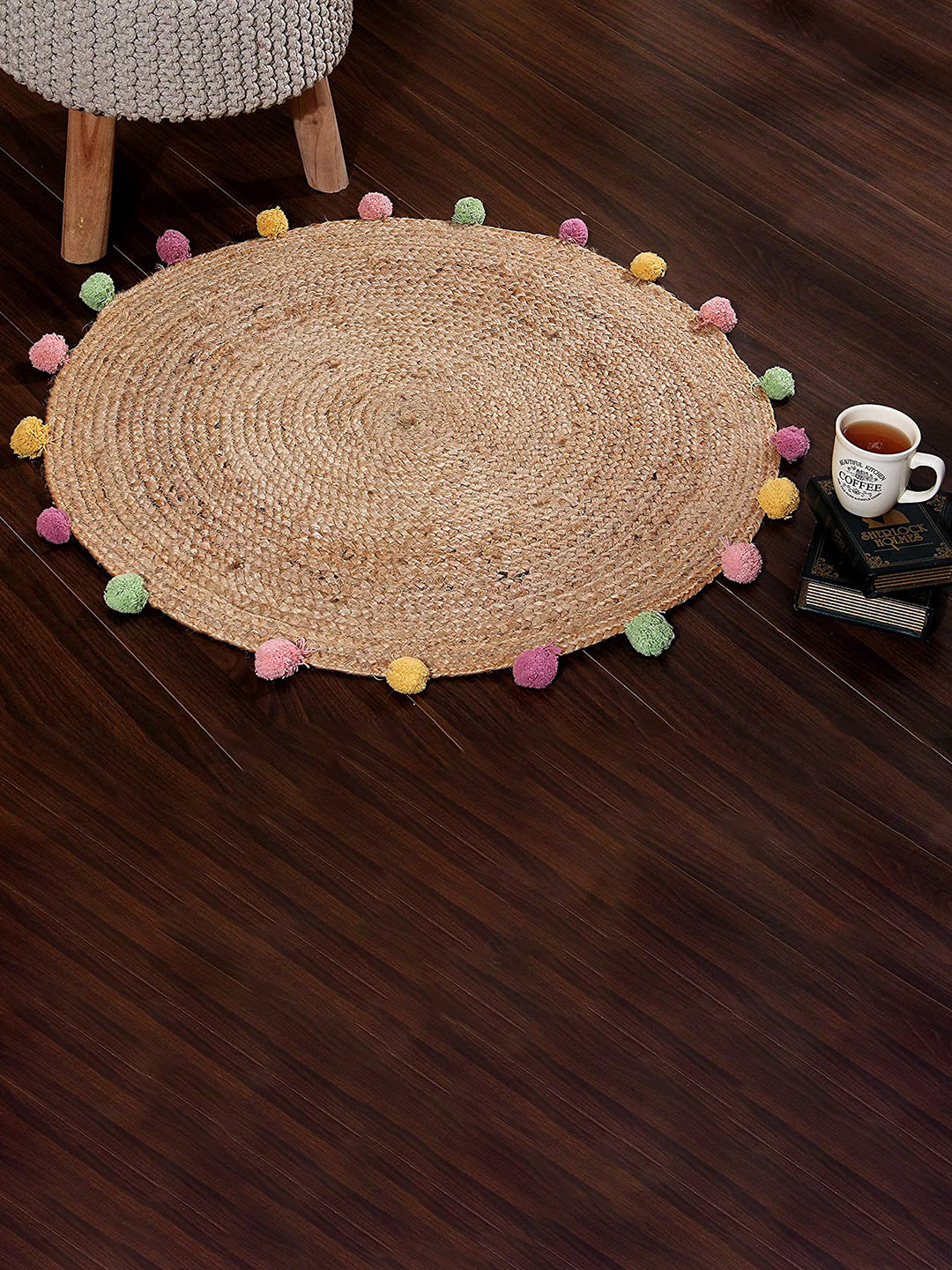 SASHAA WORLD Beige Braided Round Jute Floor Mat with pompoms