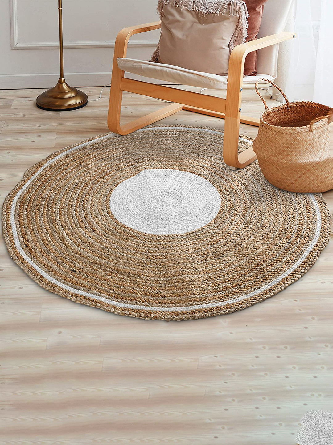 SASHAA WORLD Beige and White Braided Jute Round Floor Mat