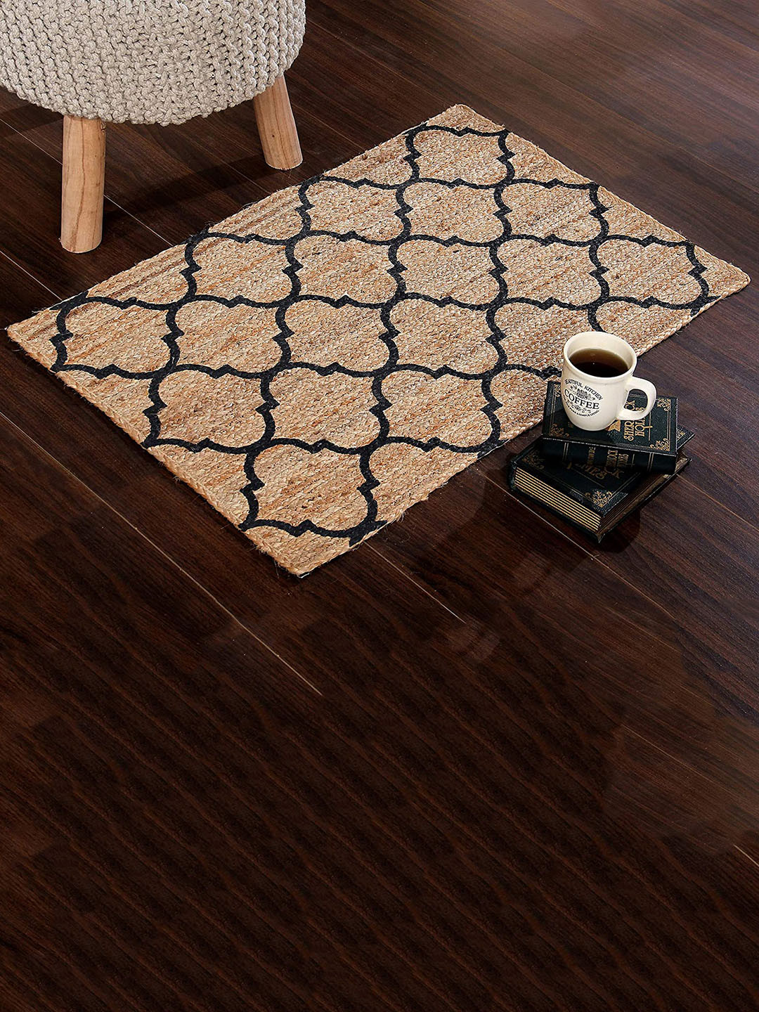 SASHAA WORLD Beige & Black Geometric Pattern Jute Braided Rectangle Floor Mat