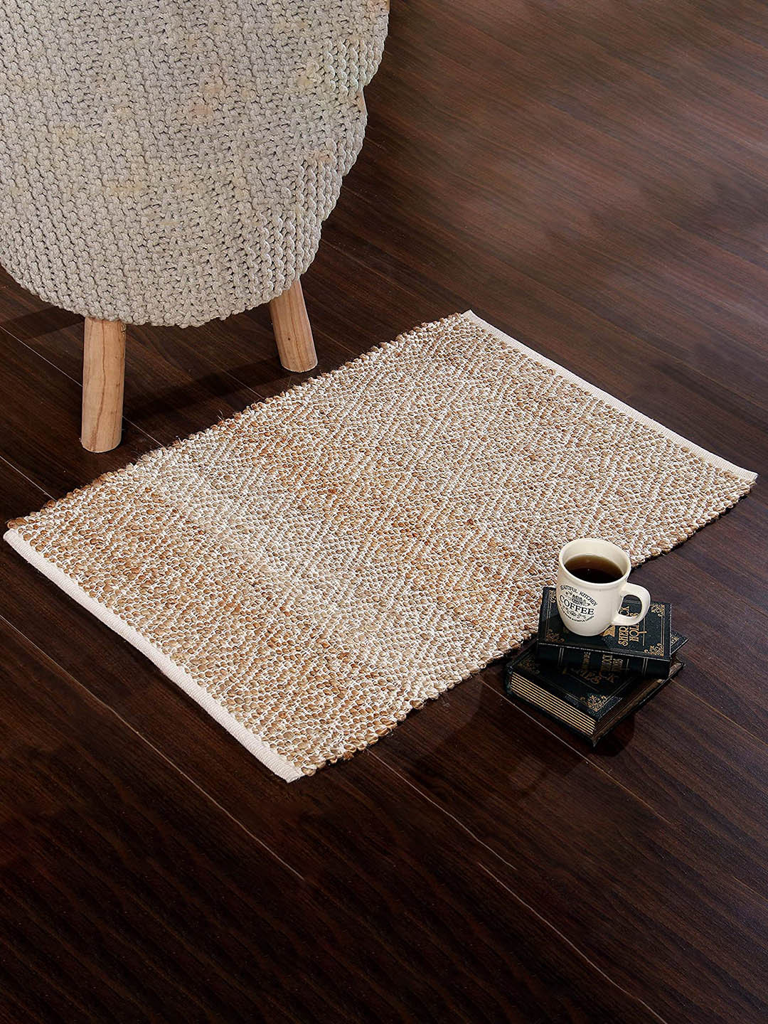 SASHAA WORLD Beige and White Geometric Pattern Braided Jute Floor Mat