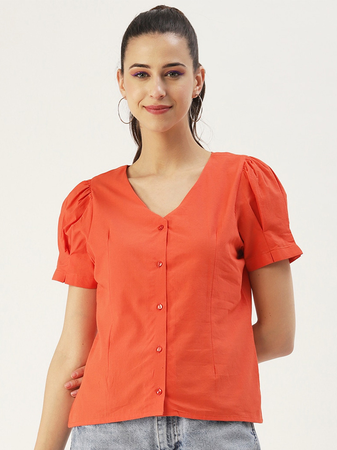 DressBerry Shirt Style Puff Sleeves V-Neck Cotton Top