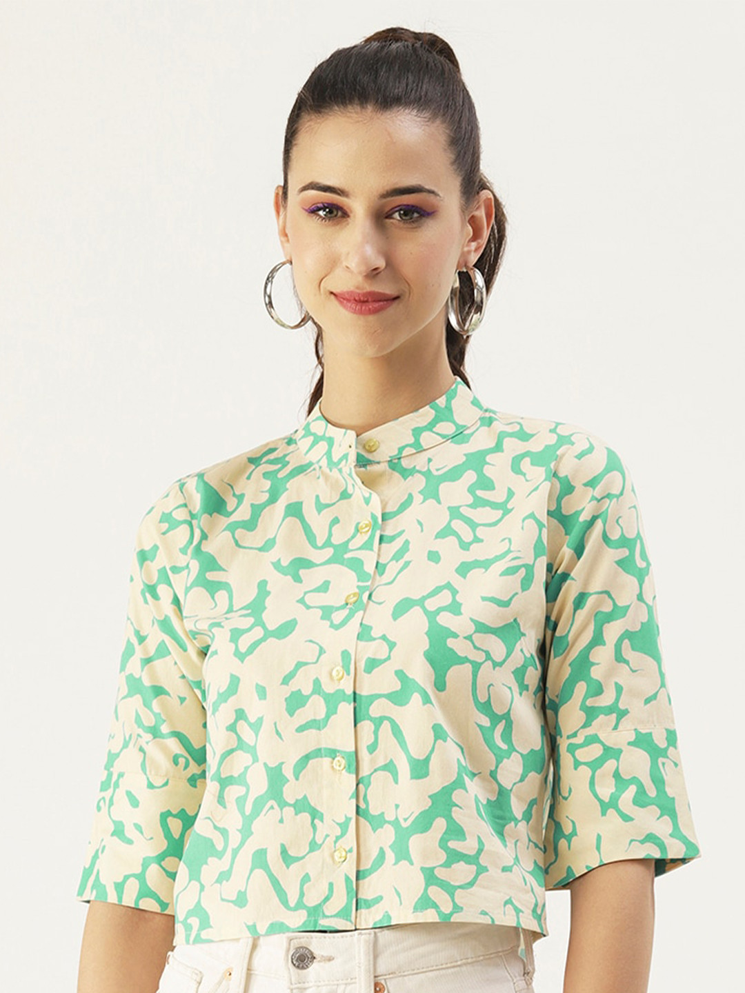 Dressberry Basics Print Mandarin Collar Boxy Cotton Top