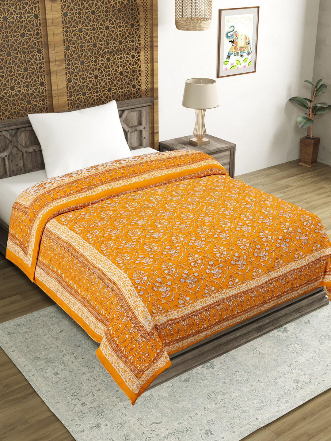 BLOCKS OF INDIA Yellow & White Floral 350 GSM Reversible Pure Cotton Single Bed Quilt