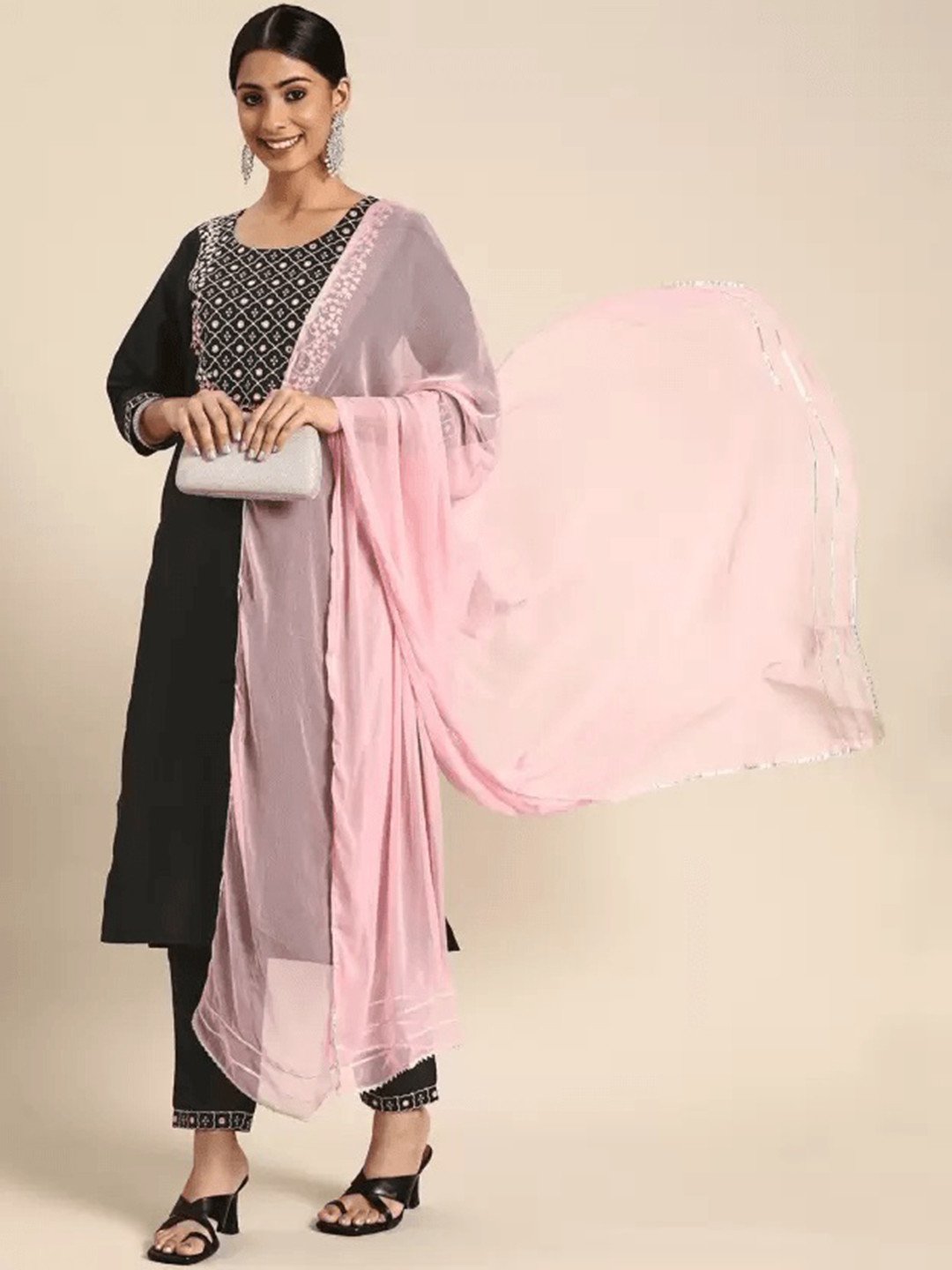 KALINI Floral Embroidered Silk Kurta with Trousers & With Dupatta