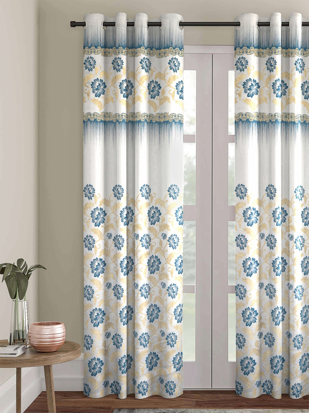 ROMEE White & Blue Floral Jacquard Room Darkening Long Door Curtain