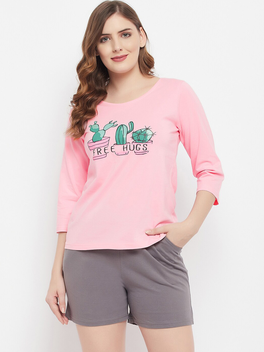 Clovia Women Pure Cotton Cactus Print Top & Chic Basic Shorts