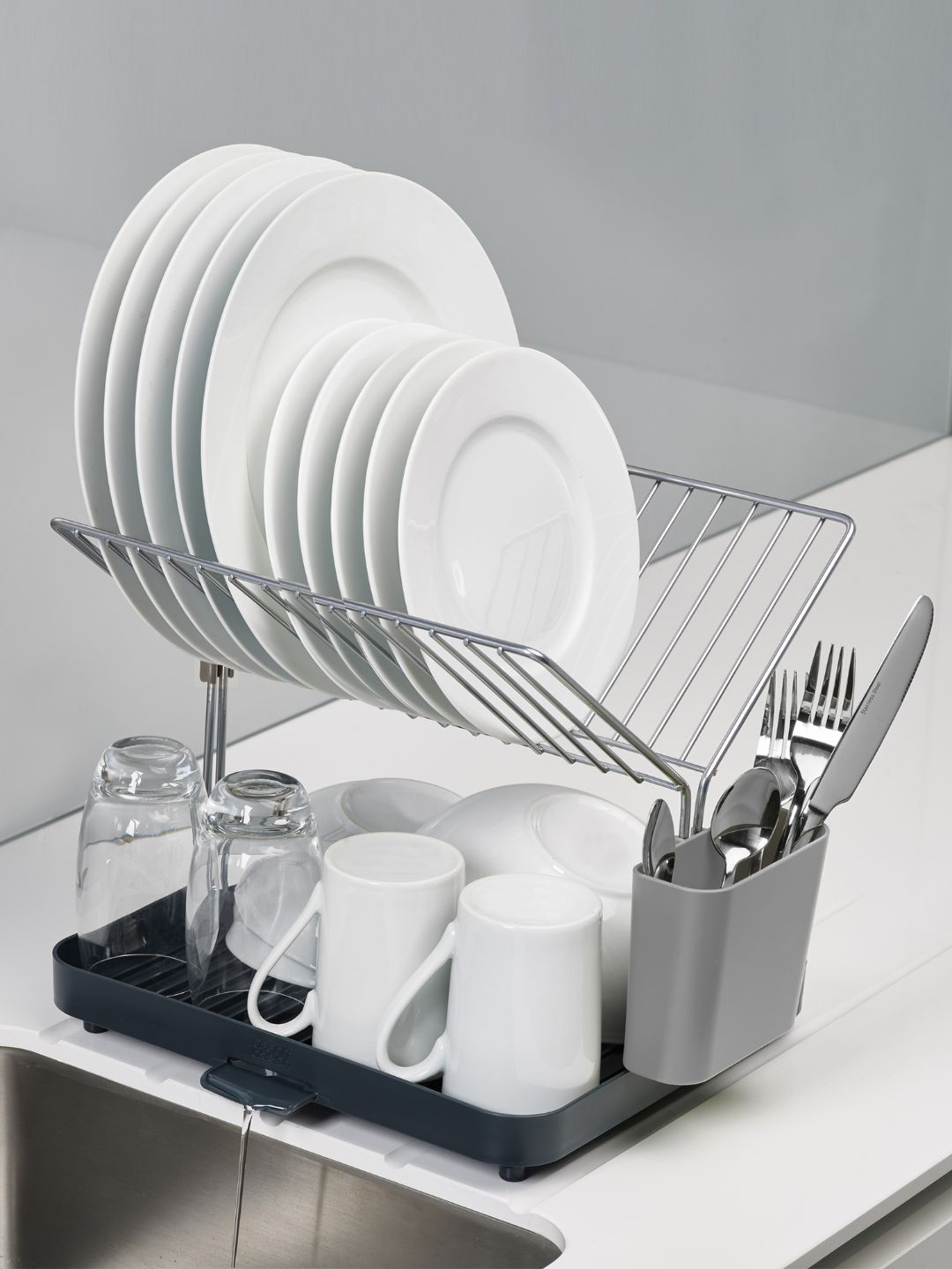 Joseph Joseph Grey Y-Shaped Dish Rack & Drain Board Set With Cutlery Organizer