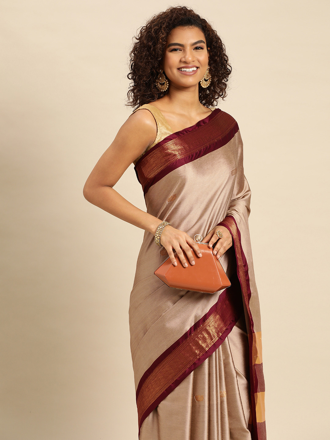 Mitera White & Maroon Woven Design Zari Silk Cotton Paithani Saree