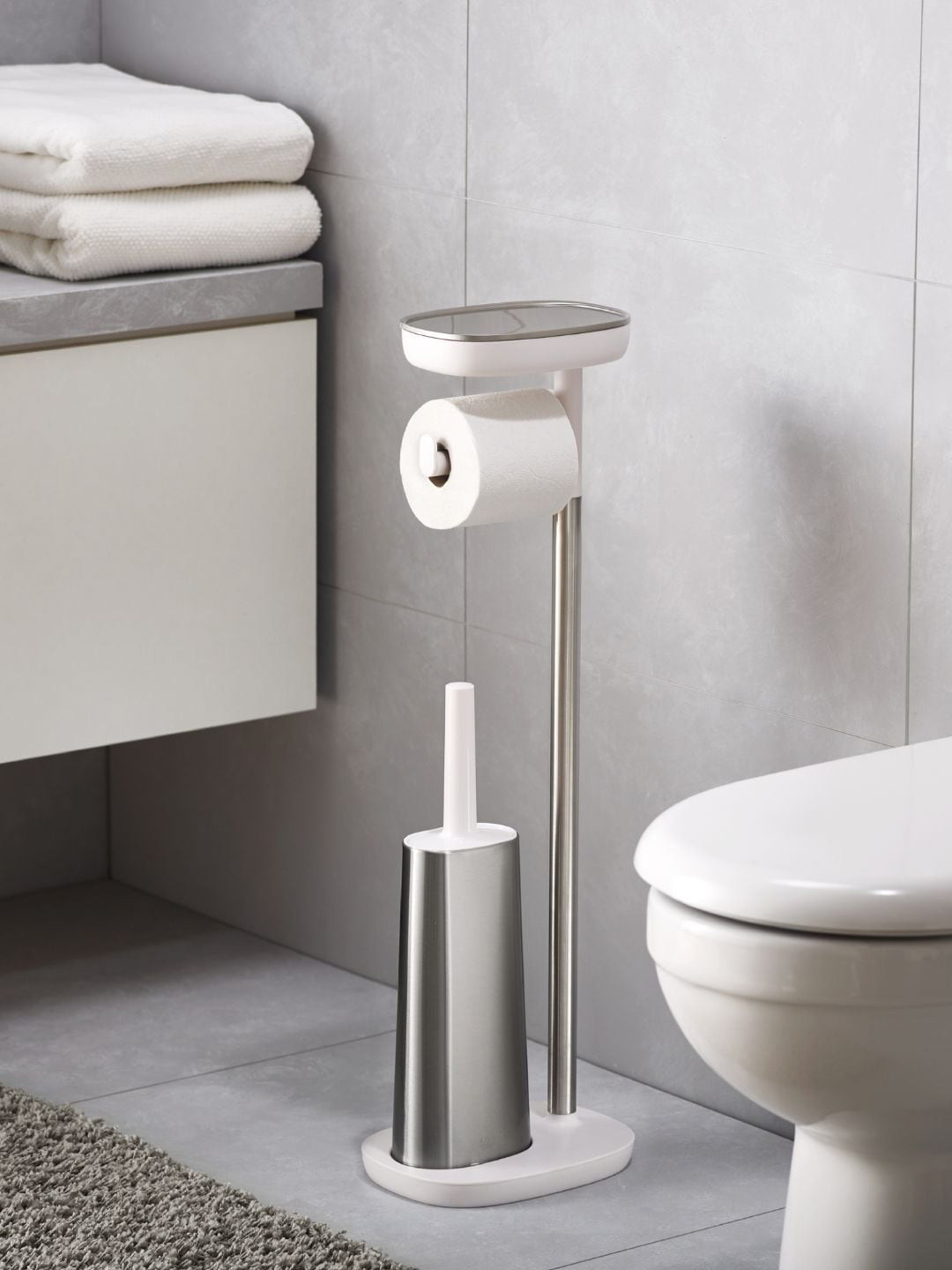 Joseph Joseph EasyStore White & Silver-Toned Toilet Paper Holder With Flex Toilet Brush