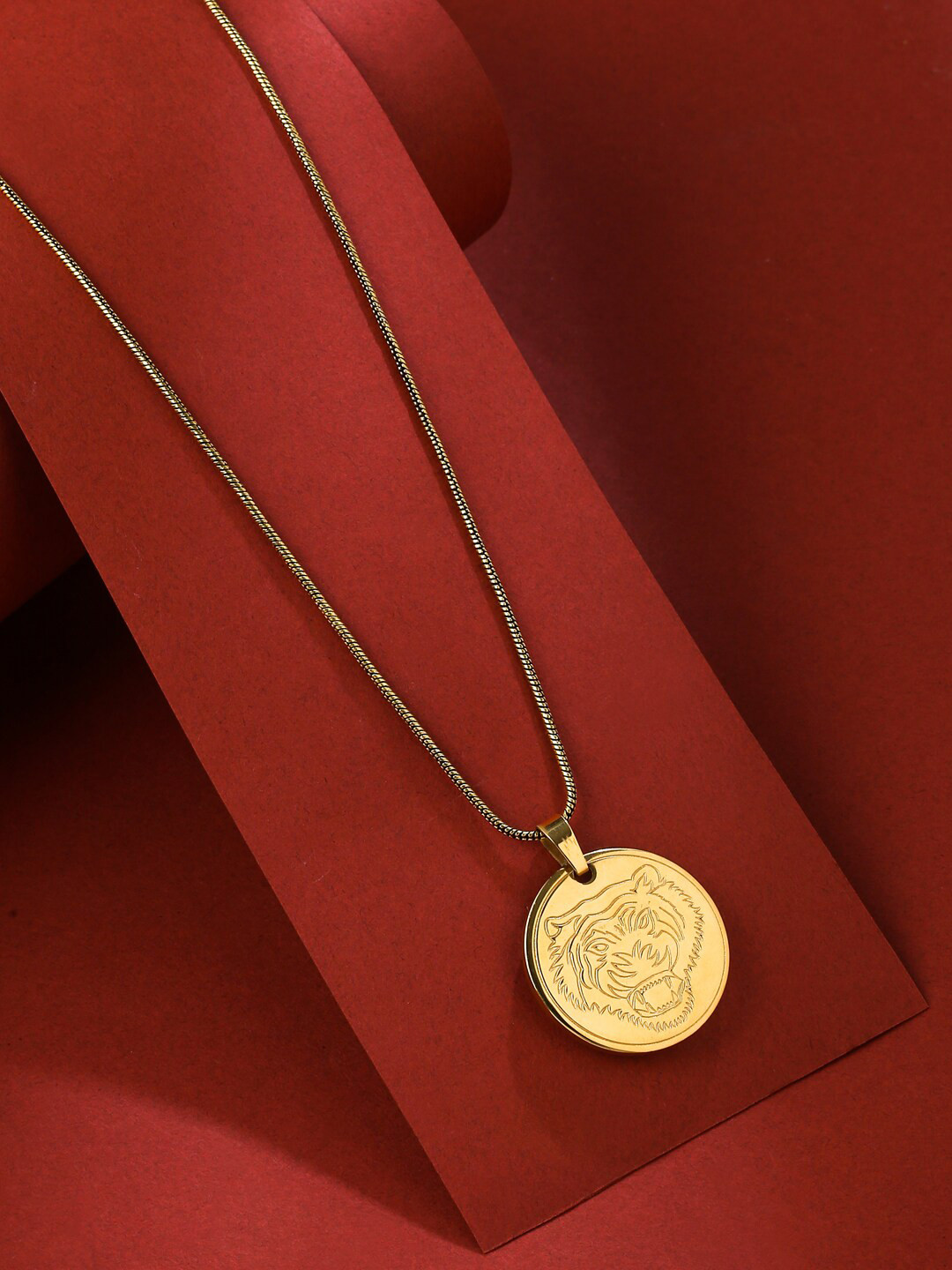 VIRAASI Men Stainless Steel Gold Plated Lion Engraved Pendant with Chain Necklace