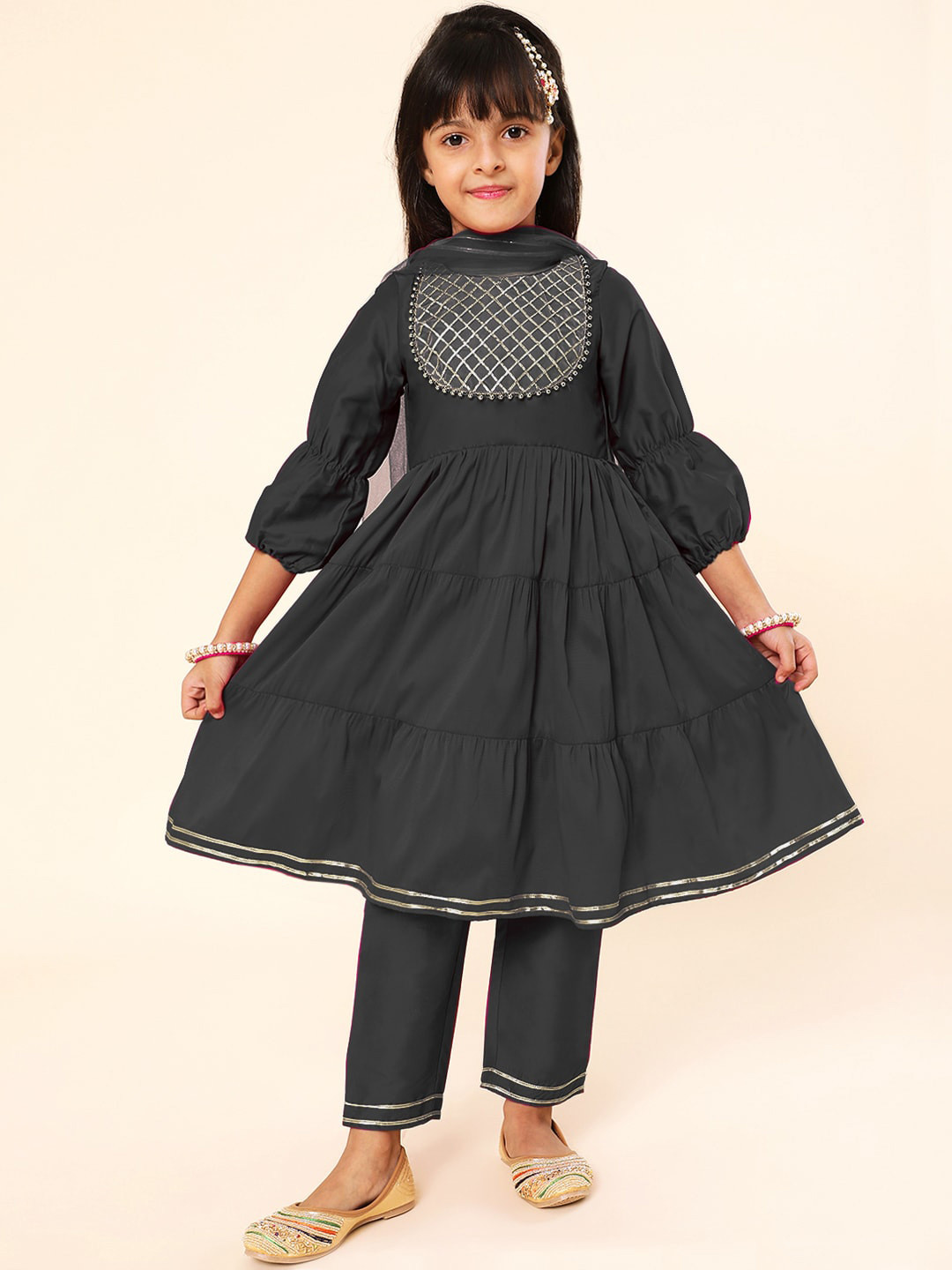 A.T.U.N. Girls Black Tiered Gotta Patti Kurta with Trousers & With Dupatta