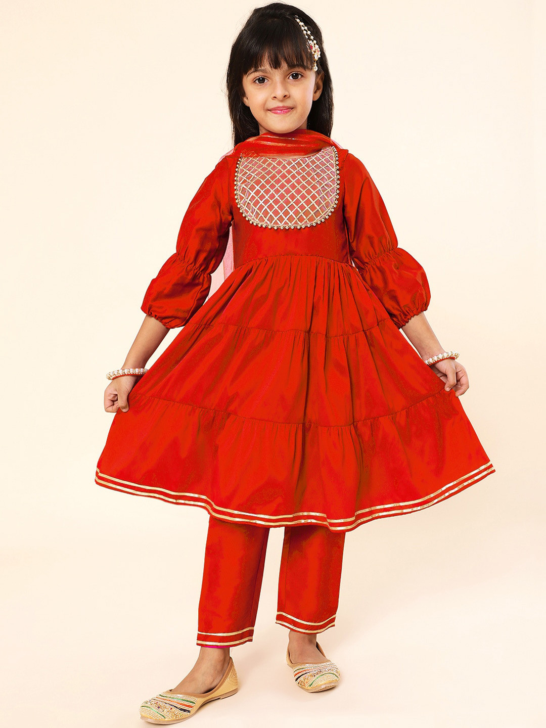 A.T.U.N. Girls Red Embroidered Tiered Gotta Patti Kurta with Trousers & With Dupatta