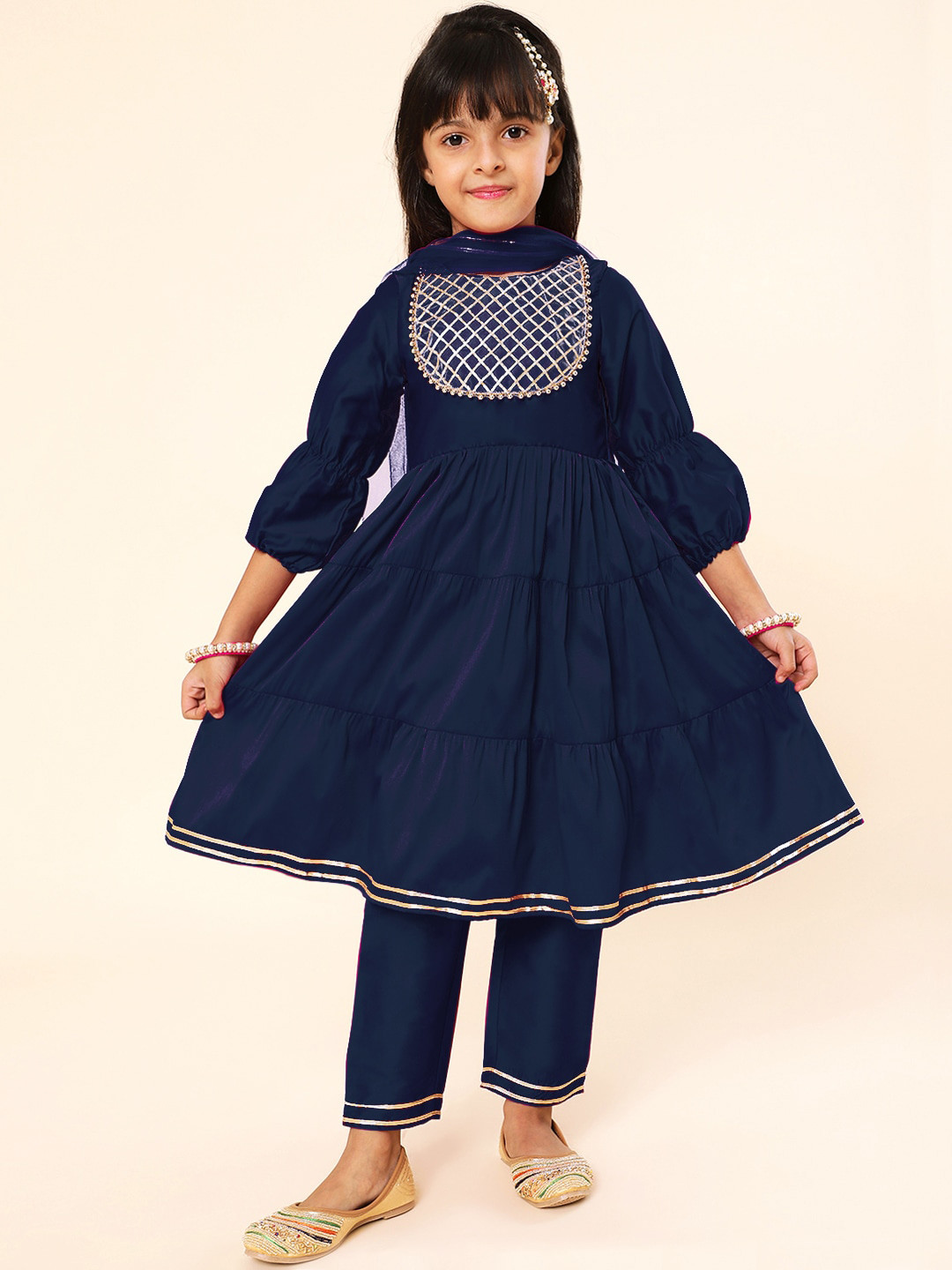 A.T.U.N. Girls Navy Blue Yoke Design Tiered Thread Work Kurta with Trousers & With Dupatta