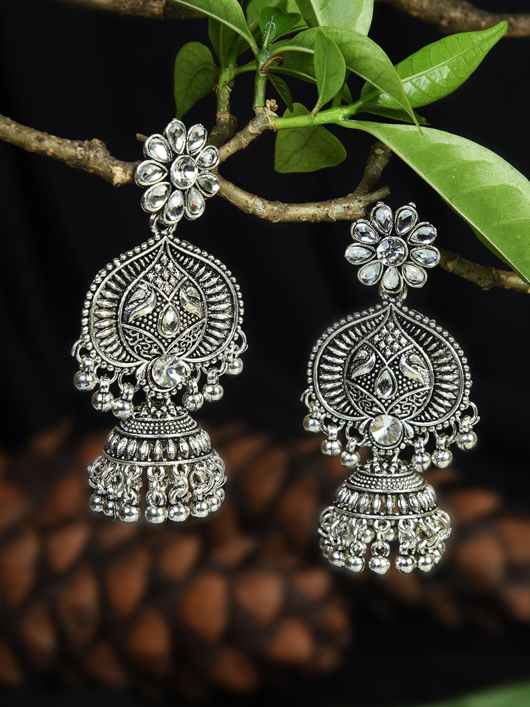 HOUSE OF ARLI Women Silver-Plated Dome Shaped Jhumkas Earrings
